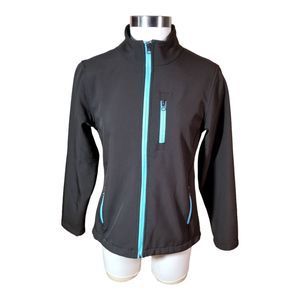 R U Apparel Brown Turquoise Jacket Women Sz Med Adjustable Waist Zipped Pockets